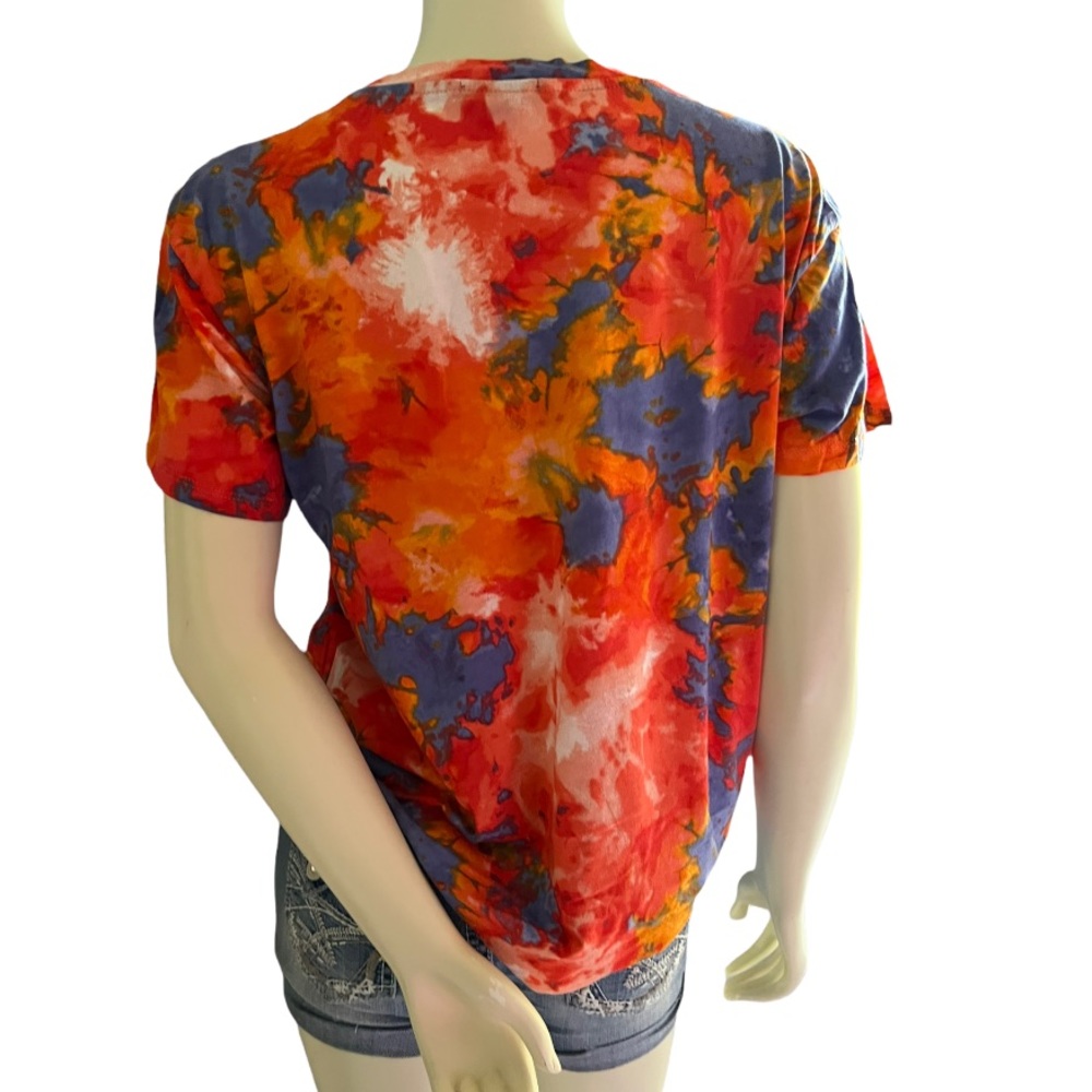 Ambiance | Women’s Shirt Blue - Red -  Orange Tie Dye Chest Pocket Basic Shirt - Picture 11 of 16